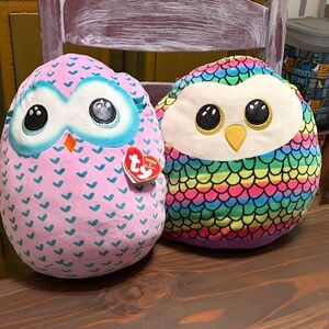 Ty Plush Owl Duo - Pink & Rainbow Scale